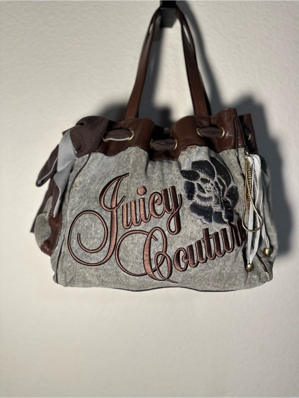 Juicy Couture Gray & Brown Embroidered Logo Shoulder Bag